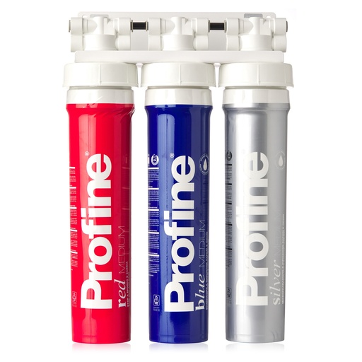 [TRIP-RBS-MED] Filtru de apa Triplex Red-Blue-Silver Medium cu Microfiltrare cu Kit de instalare, robinet si baterie incluse